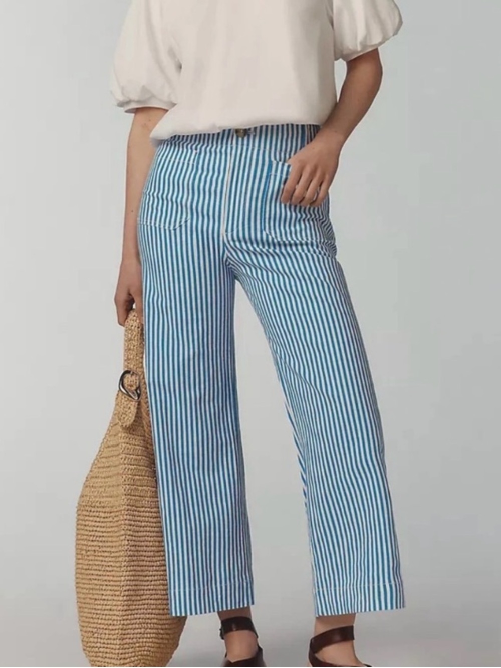 Anthro/Maeve The Colette Linen Blend Wide -Leg Pants - Blue/White Sz 29/30